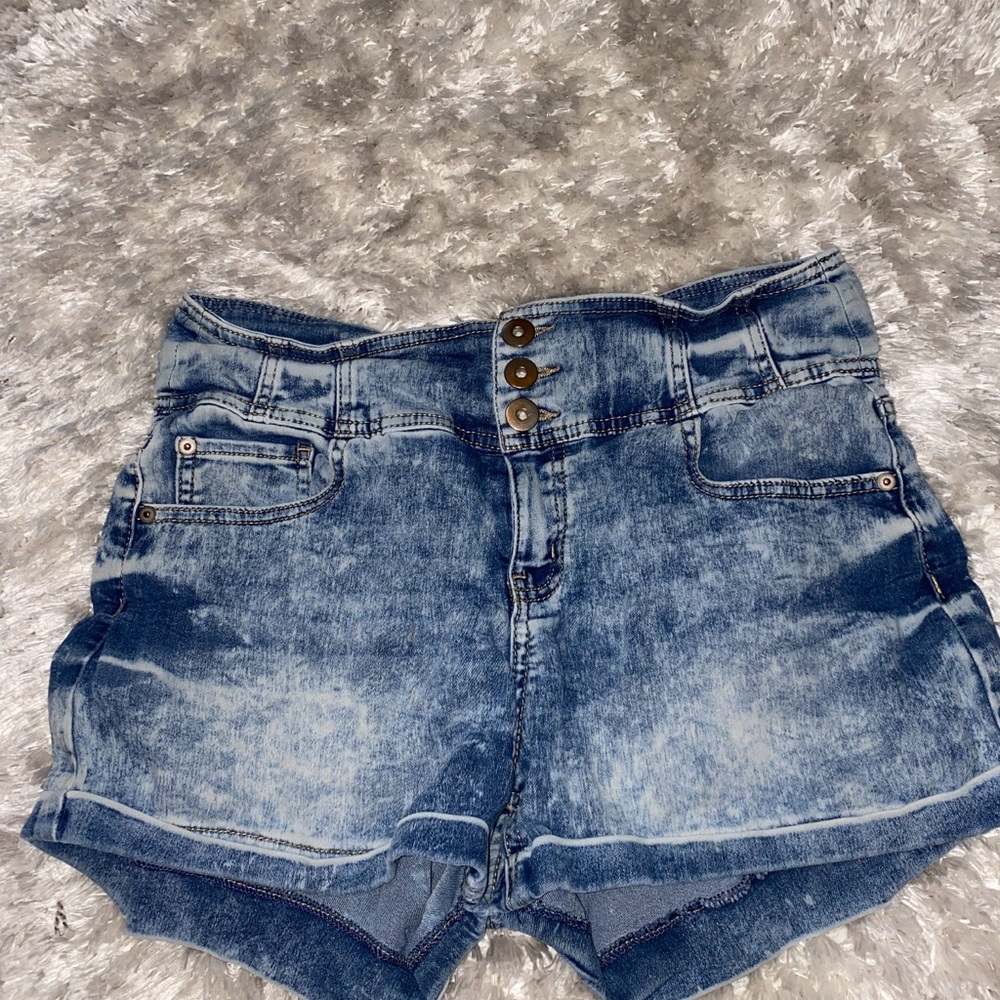 Blue Jean Shorts with Distressed Acid-Wash and Cuffed Hem
